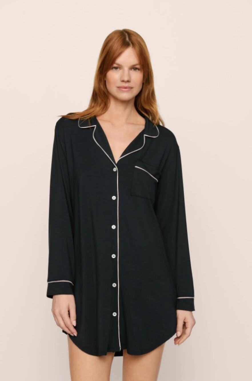 EBERJEY Women's Gisele TENCEL Modal Sleepshirt Large Black Long Sleeve EUC